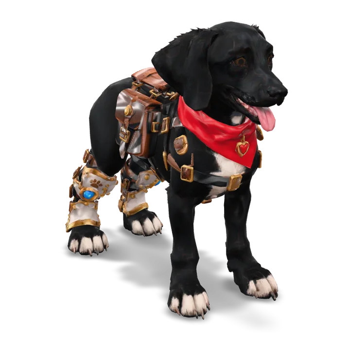 Perzeo in 3D: a black dog with a white chest, gold knee braces, a red bandana and saddlebags