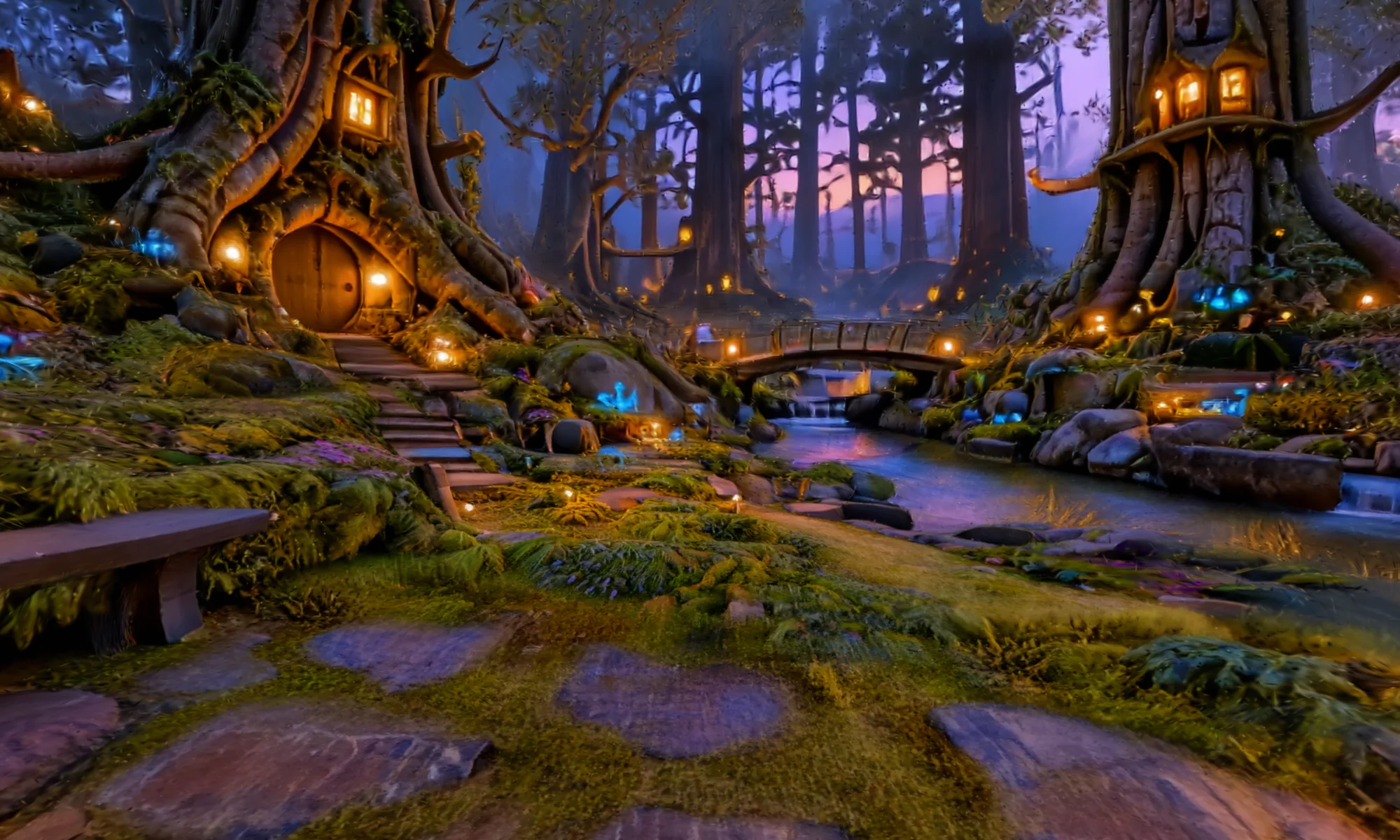 A forest at dusk with lit tree houses and a stream, a World Labs world from Vaho, seen through fogged glass