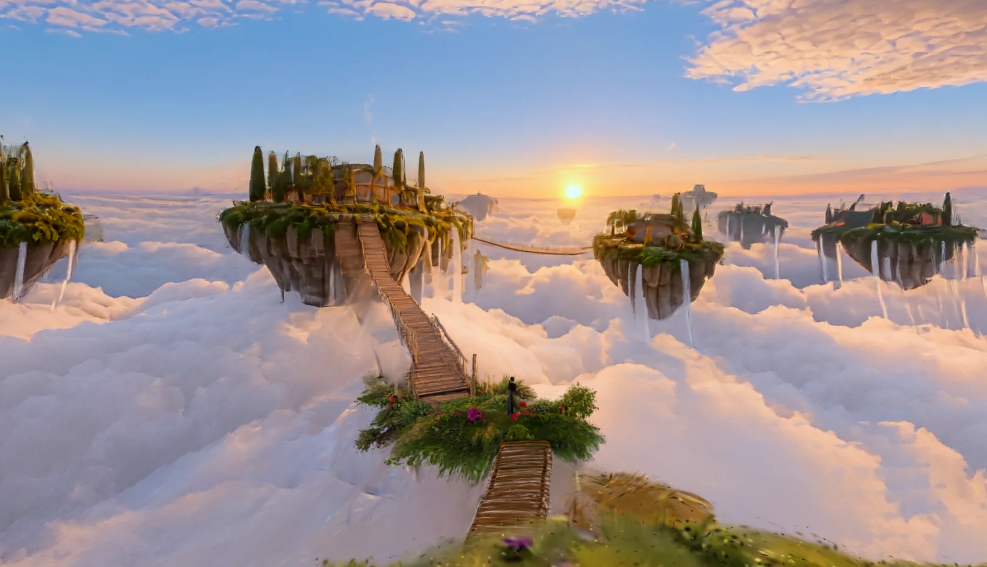 Floating islands above the clouds at sunset, a World Labs world from Vaho, seen through fogged glass